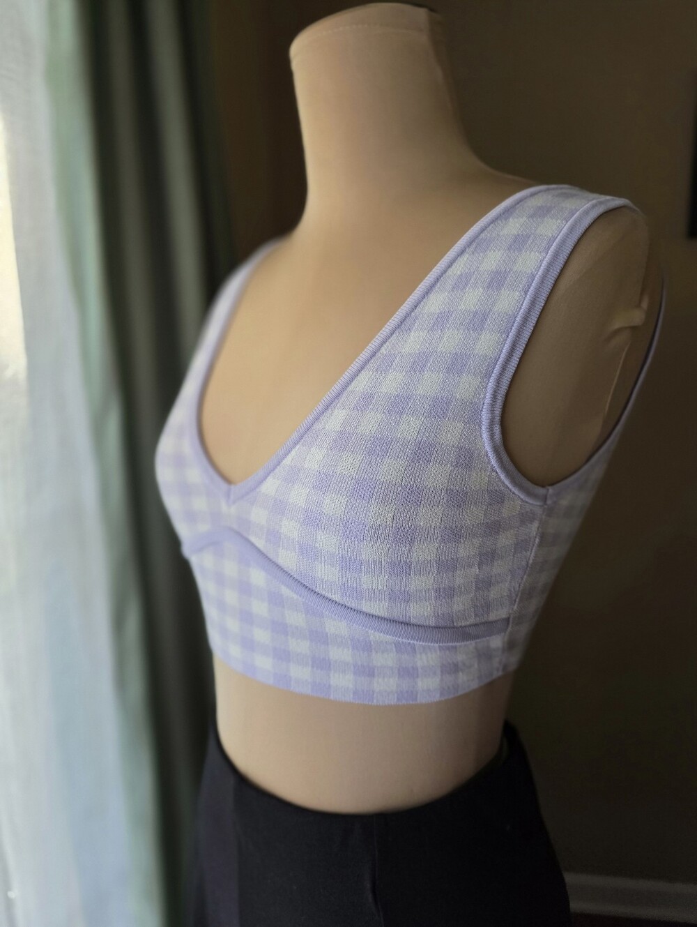 Zara Crop Top Purple Gingham Knit S Lavender Plaid V-Neck Cottagecore Soft Girl